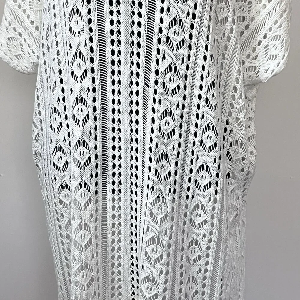 Women Open Knit Crochet Lace up Sides Boho Festival Hippie Swim Cover‎ Up Cream